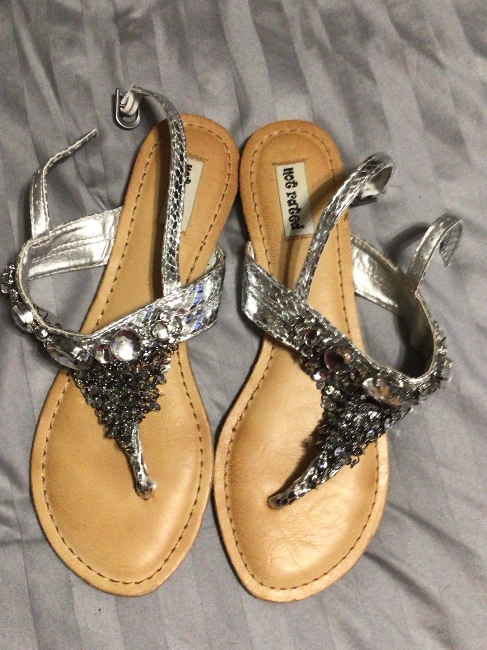 Not Rated Silver Jeweled T-Strap Sandals with Tan Footbed